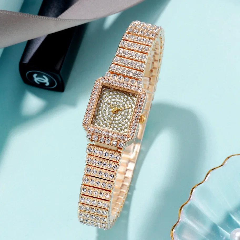 New small square watch with diamond studded steel strip, fashionable small dial watch, luxurious square women's quartz watch