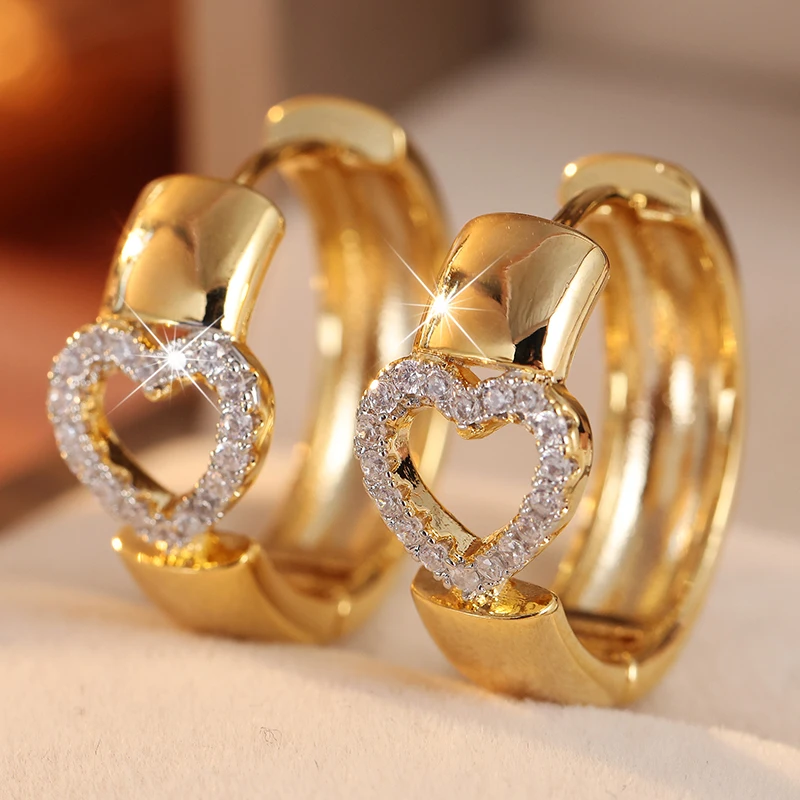 Noble Inlaid White CZ Heart Hoops Women's Earrings Trendy Two Color Hand Carving Daily Wear Party Jewelry Anniversary Gift