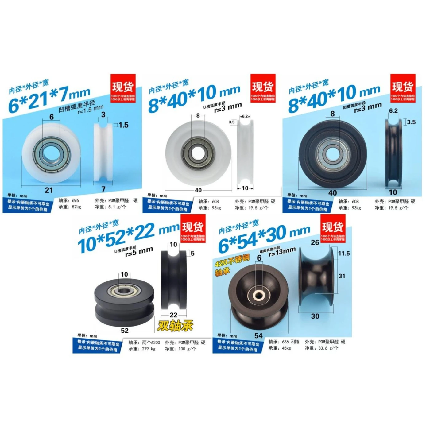 1PC U Groove Roller Wheel Stainless Steel S608zz S626RS Ball POM Nylon Coated Plastic Pulley Sliding Bearings