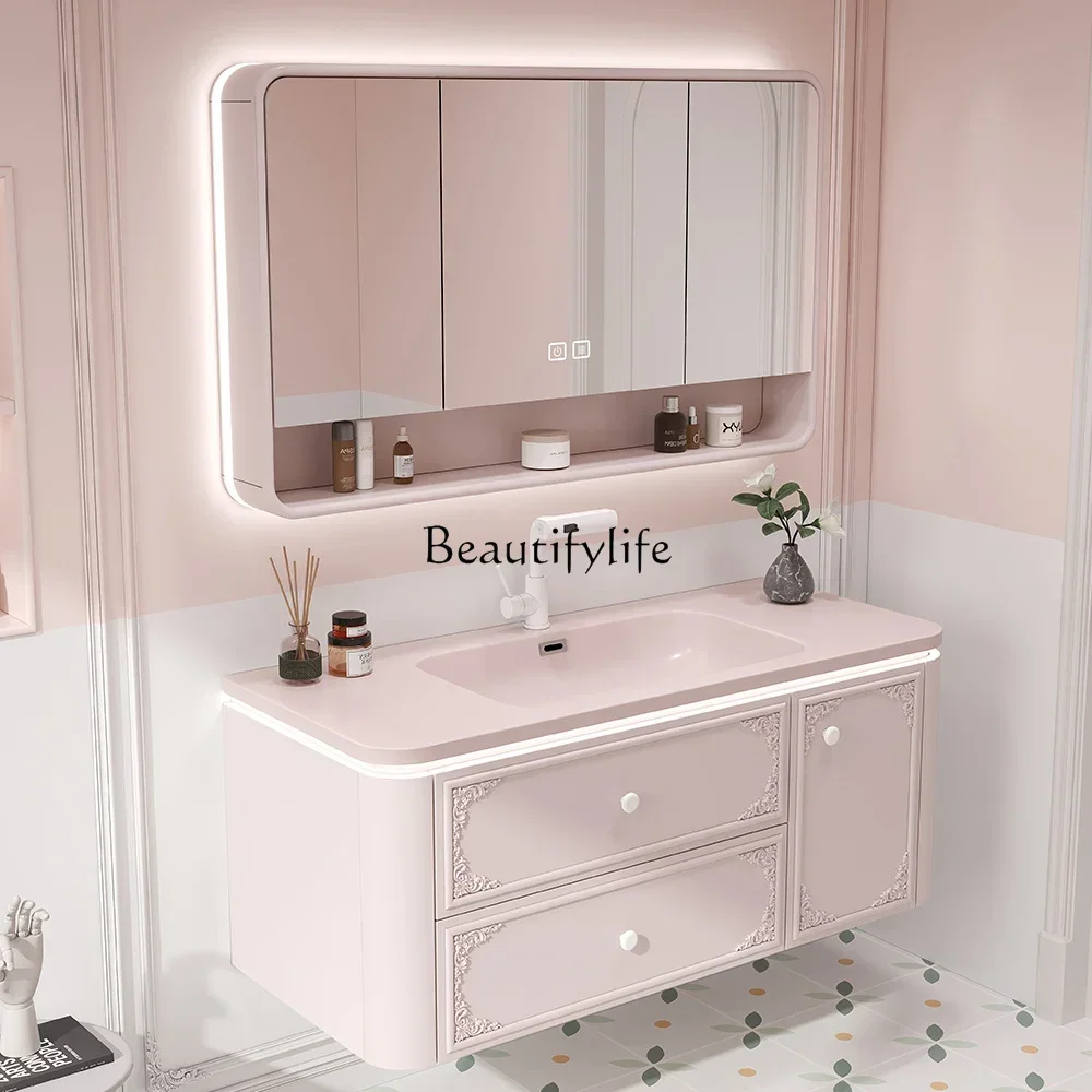 

FG40French pink paint carved bathroom ceramic integrated basin bathroom cabinet combination