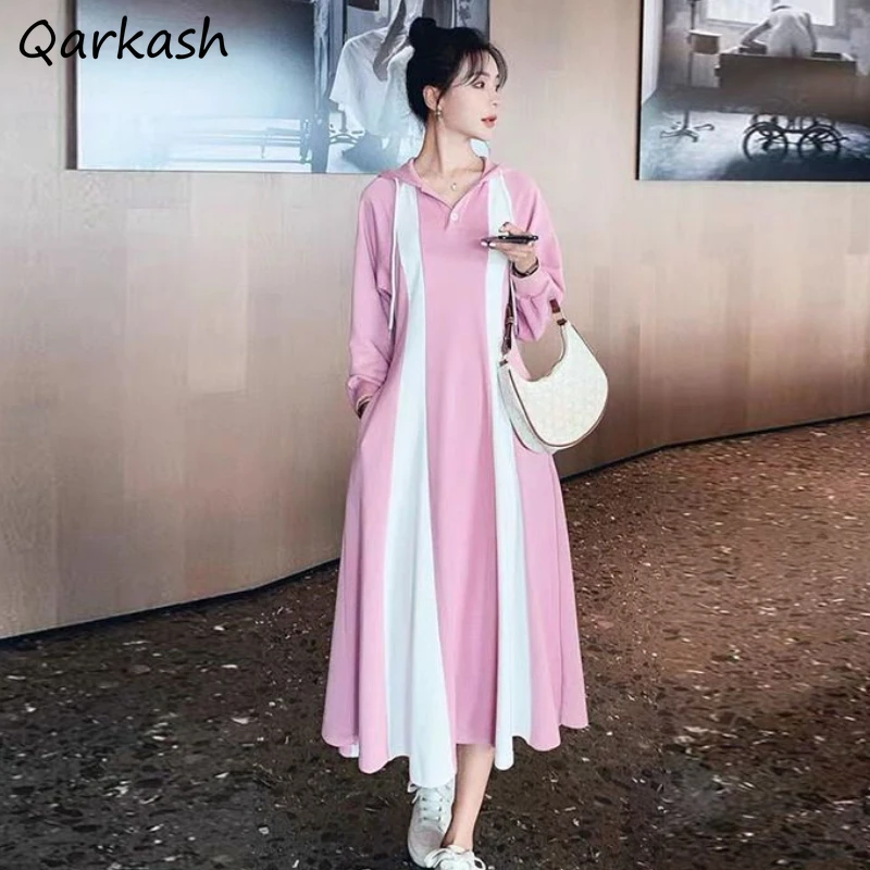 

Dresses Women Temperament Design Sweet Patchwork Autumn Hooded Leisure Minimalist Daily Elegant Tender Romantic Students Ulzzang