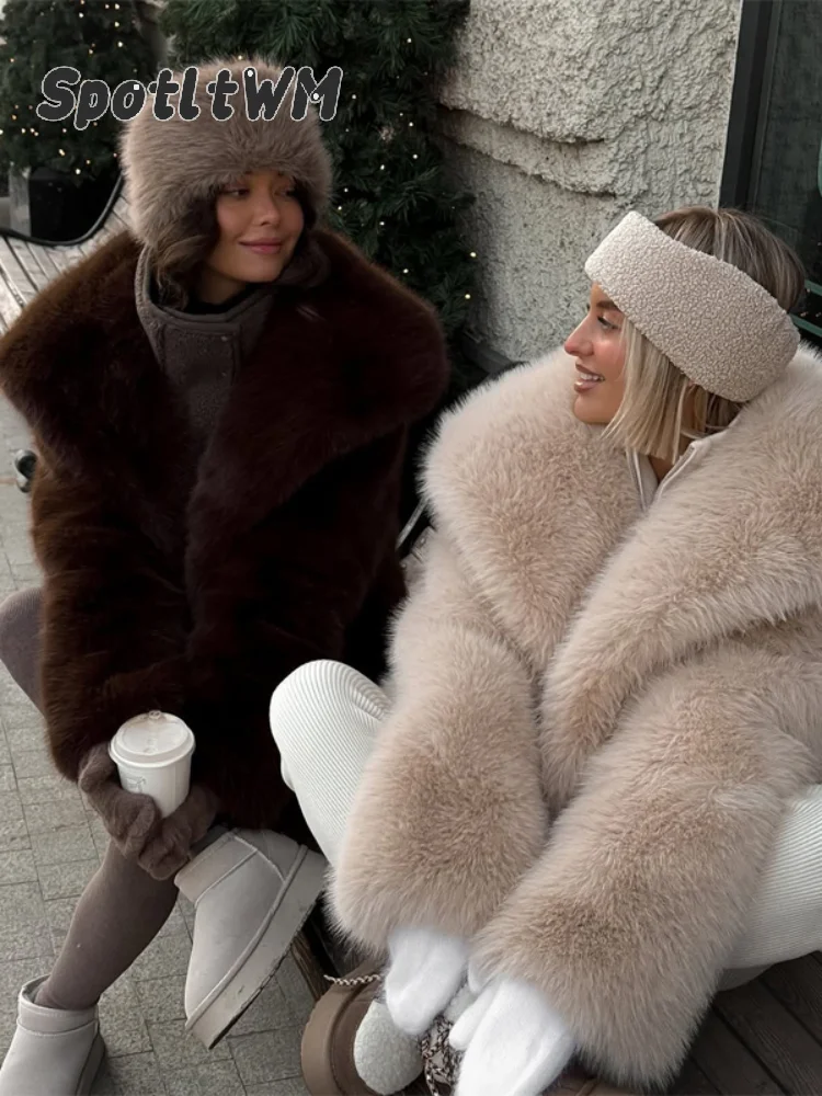 Women Faux Fur Coat Wide Lapel Collar Long Sleeve Open Front Loose Fluffy Warm Winter Plush Street Outerwear 2026 Fashion Jacket