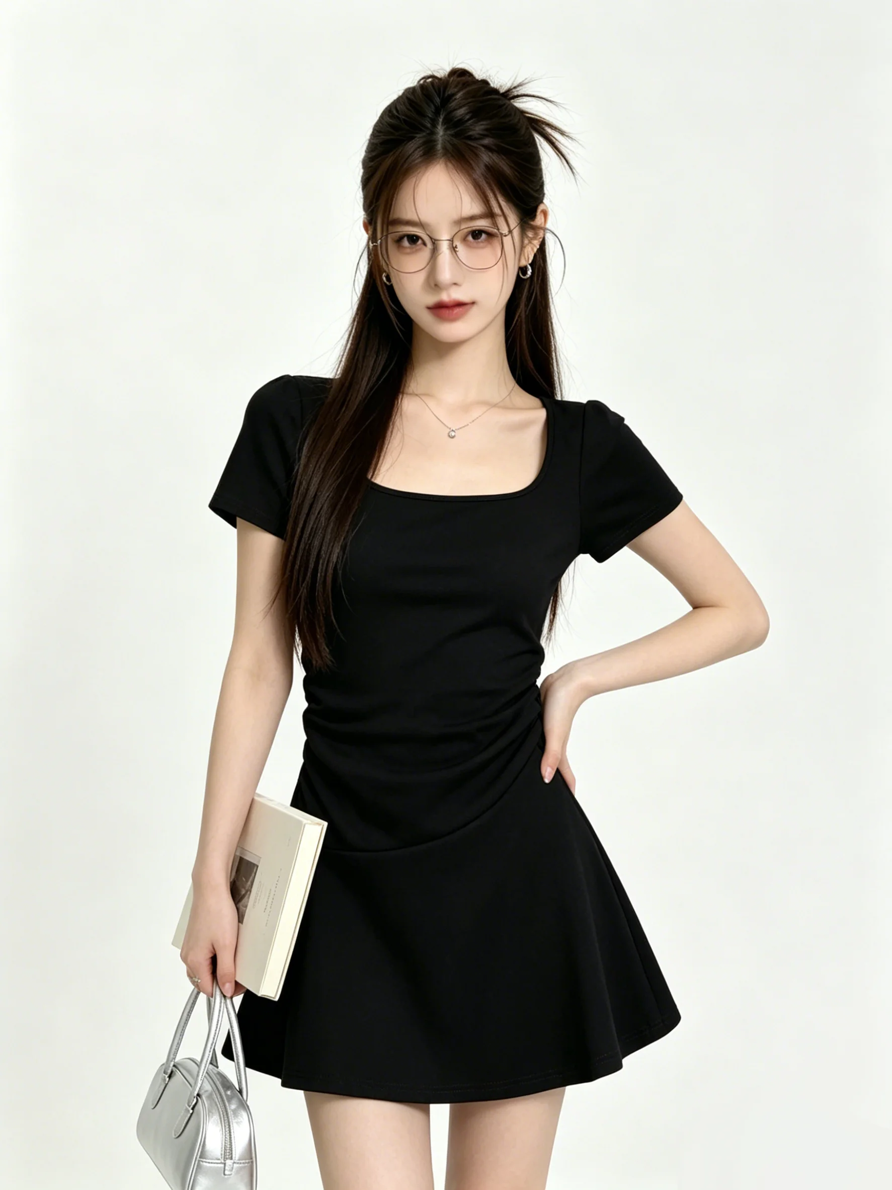 Korean Style A Line Shirt Dress - เสื้อยืดคอเหลี่ยมสไตล์เกาหลีเรียบง่าย กระโปรงสั้น ชุดเดรสทรงเอเข้ารูปเอวสั้น แขนสั้น สำหรับผู้หญิง ใส่หน้าร้อน