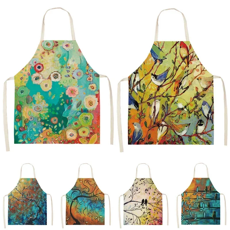 Forest color bird printed sleeveless linen apron family kitchen oil anti -pollution apron house cleaning tool delantal