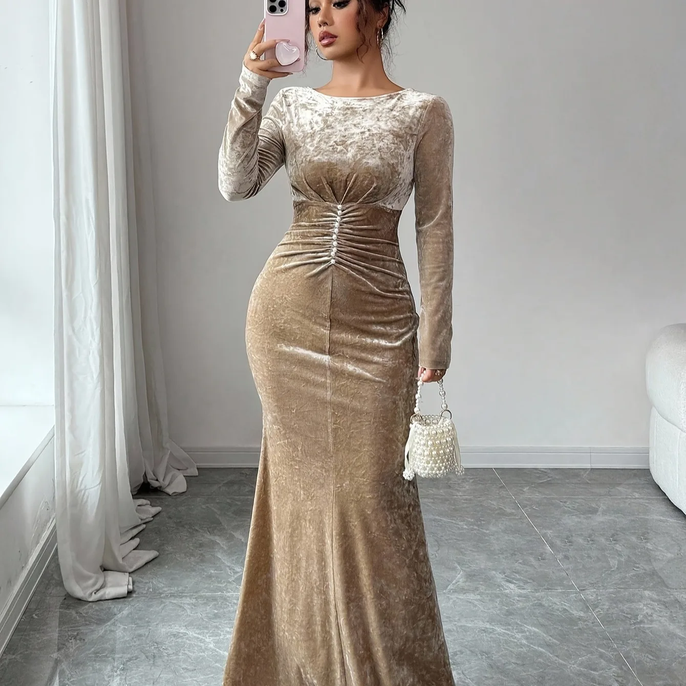 Ele Vintage Long Velvet Sve Dr Women's Slim Fit Wrap Bodycon Dr Midi Length Casual Wear Polyester Fabric