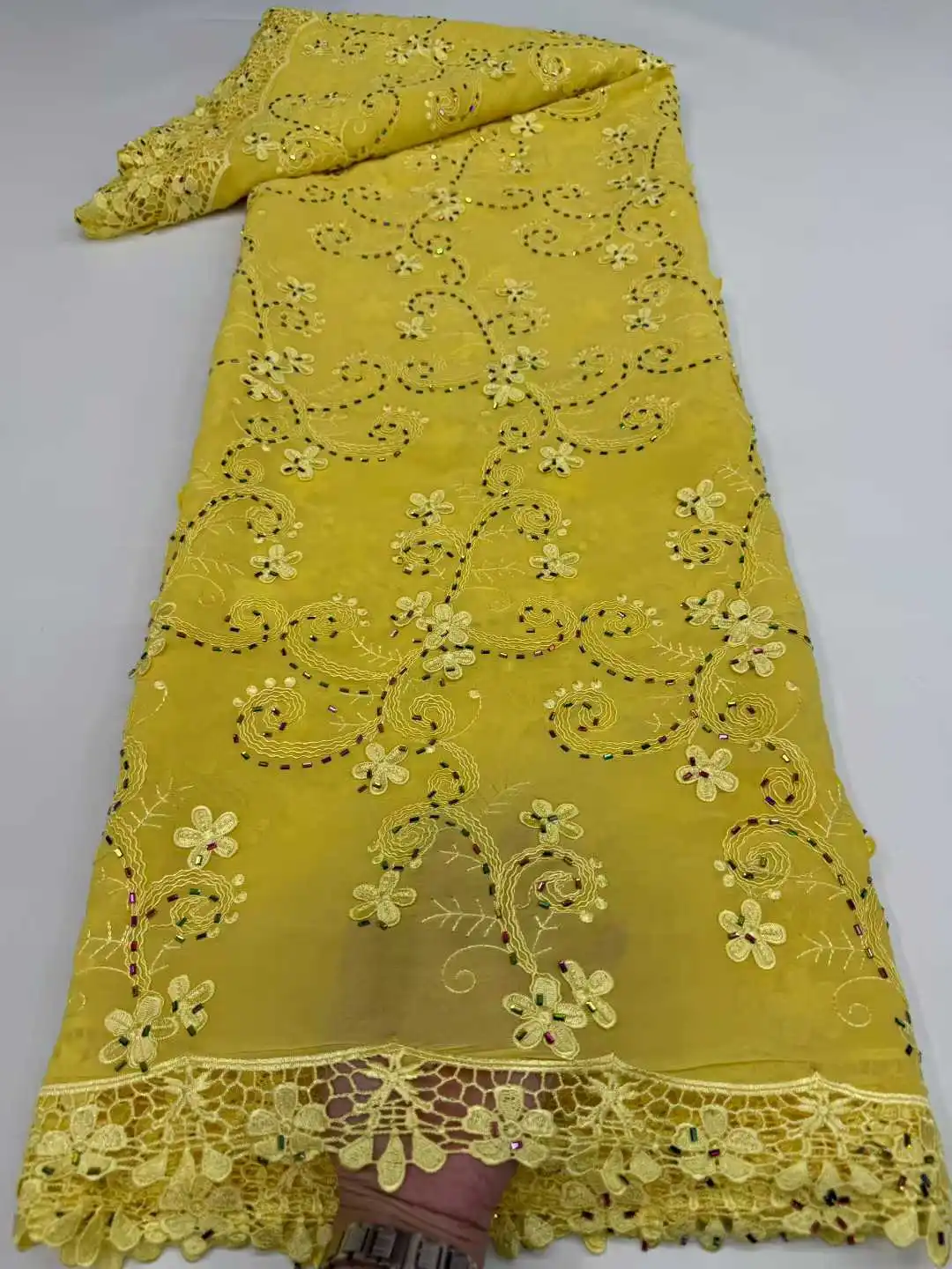 

French Guipure Cord Lace Fabric With Stones Newest Colorful African Water Soluble Lace Fabric for Women Dresses Materials