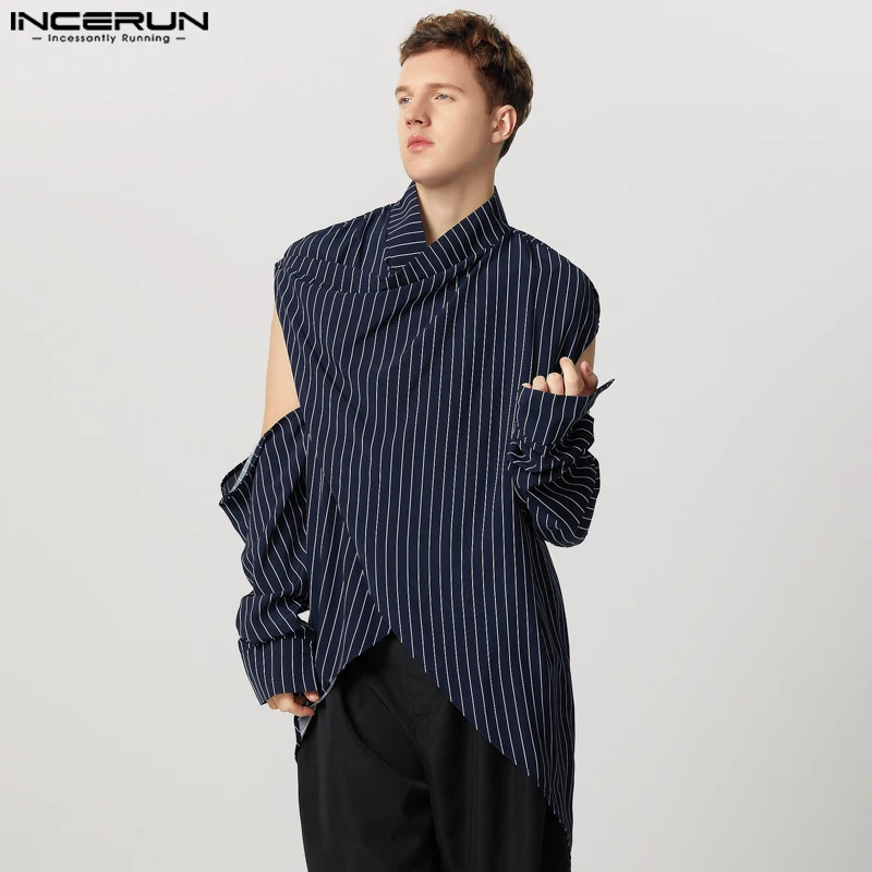 INCERUN Stylish New Men's Tops Striped Hollowed Out Cross Design Shirts Handsome Male Hot Selling Long Sleeved Blouse S-3XL 2025