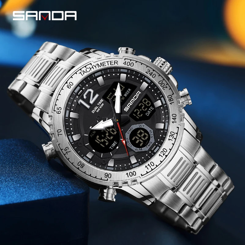 SANDA G Style Military Outdoor Sports Watch Waterproof Stainless Steel Quartz Wristwatch LED Electron Digital Business Men Clock