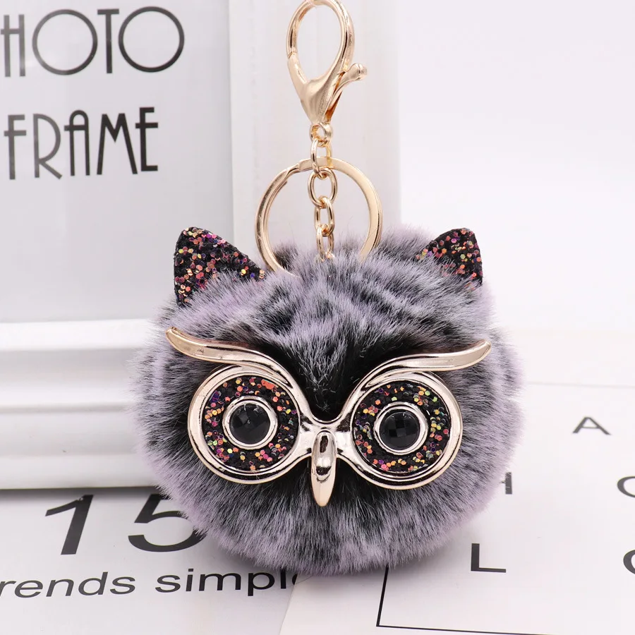 Owl Plush Keychain Cute Fluffy Big Eyes Glitter Charm Bag Pendant Car Animal Women\'s Gifts Trinket Best Gift Keyring Accessories