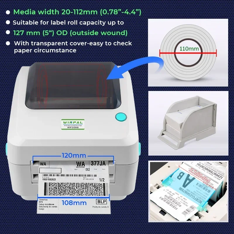 Winpal WP300B 203 인치 당 점 인기 판매자 4 인치 라벨 열전 사 프린터 지원 BT Wifi 4x6 우편 라벨 프린터