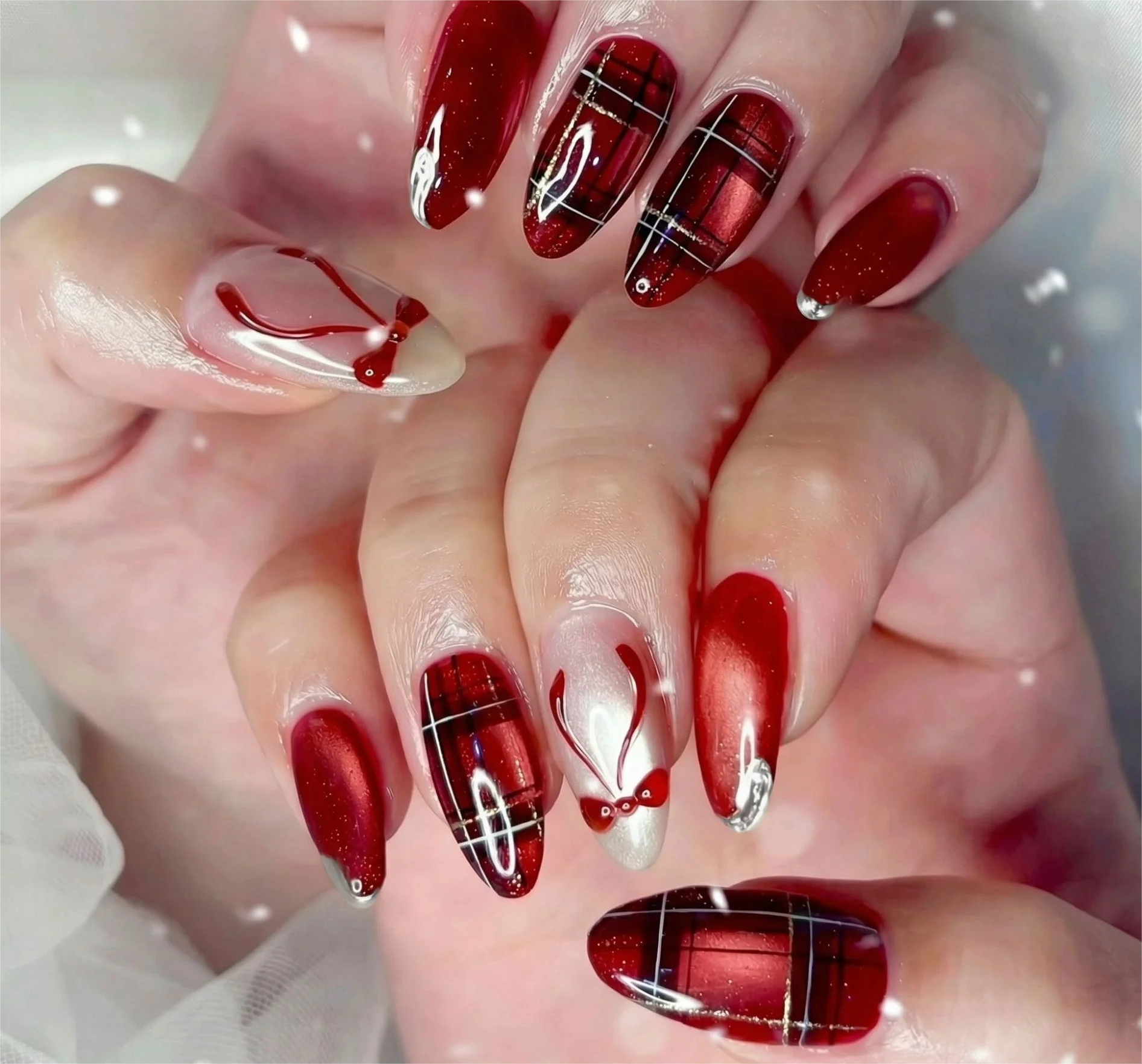 

24PCS Red 3D Bow Cat Eye False Nails with Almond Shape Glossy Valentines Day Press on Nails High End Sweet Cool Style Nail Art