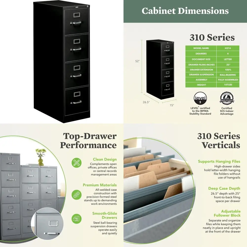 

Metal Cabinet with Lock, 4 Drawers and Hanging Files, 26.5 Deep, Black