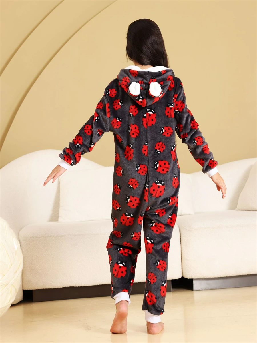 Hooded Flannel Pajamas For Children Animal Pyjamas Kids Onesie Girls Sleepwear Ladybug Print Jumpsuit