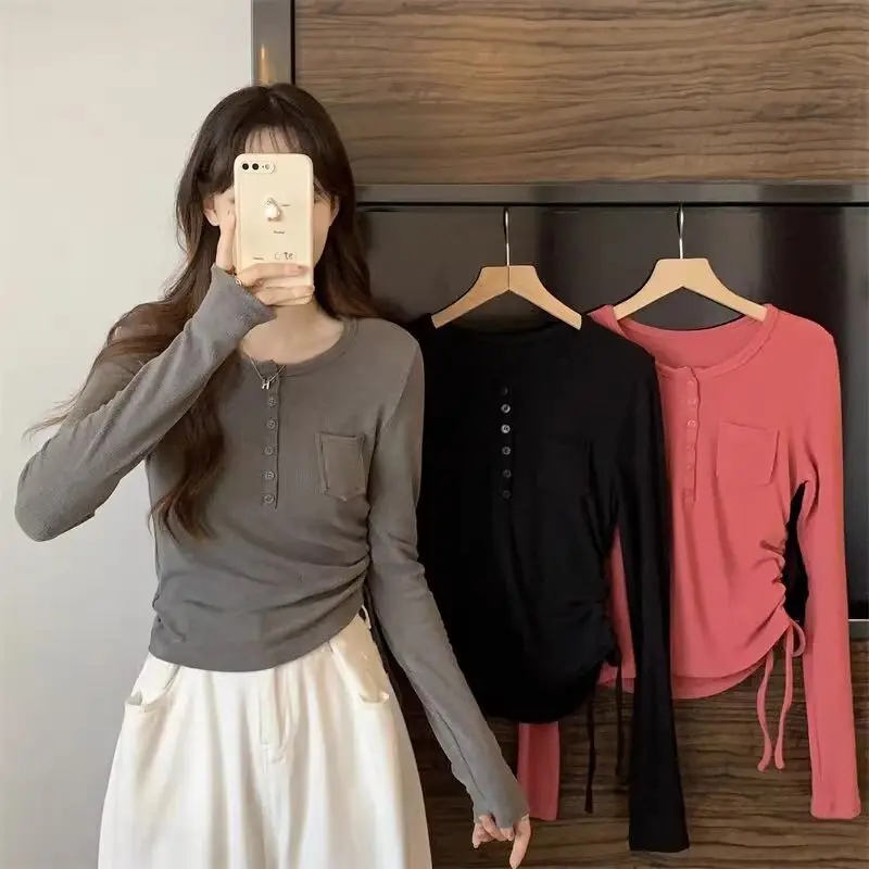 Slim Fit Long Sleeve round Neck T-Shirt Drawstring Waist Shoulder Width Regular Cotton Blend Autumn Top Women's Fashion