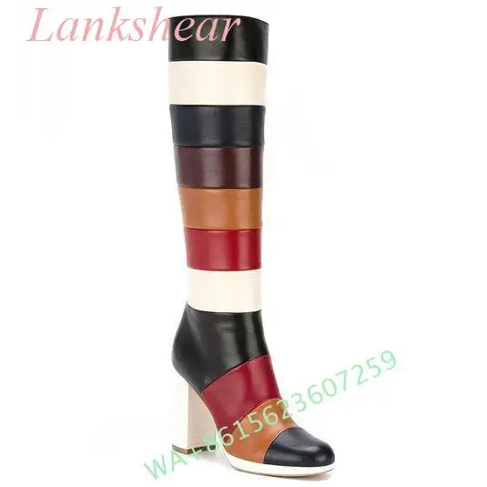 2024 New Style Women\'s Punk Multi-Color Round Toe Block Heels Retro Knee High Boots Party Shoes Large Size 34-46 Handmade