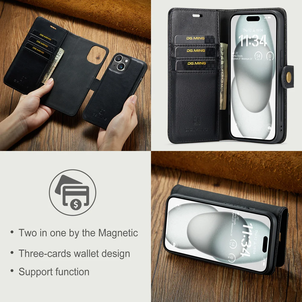 2 in 1 Magnetic Detachable Flip Leather Wallet Phone Case for IPhone 15 14 13 12 11 Pro Max Plus XS XR X Card Holder Cover Coque