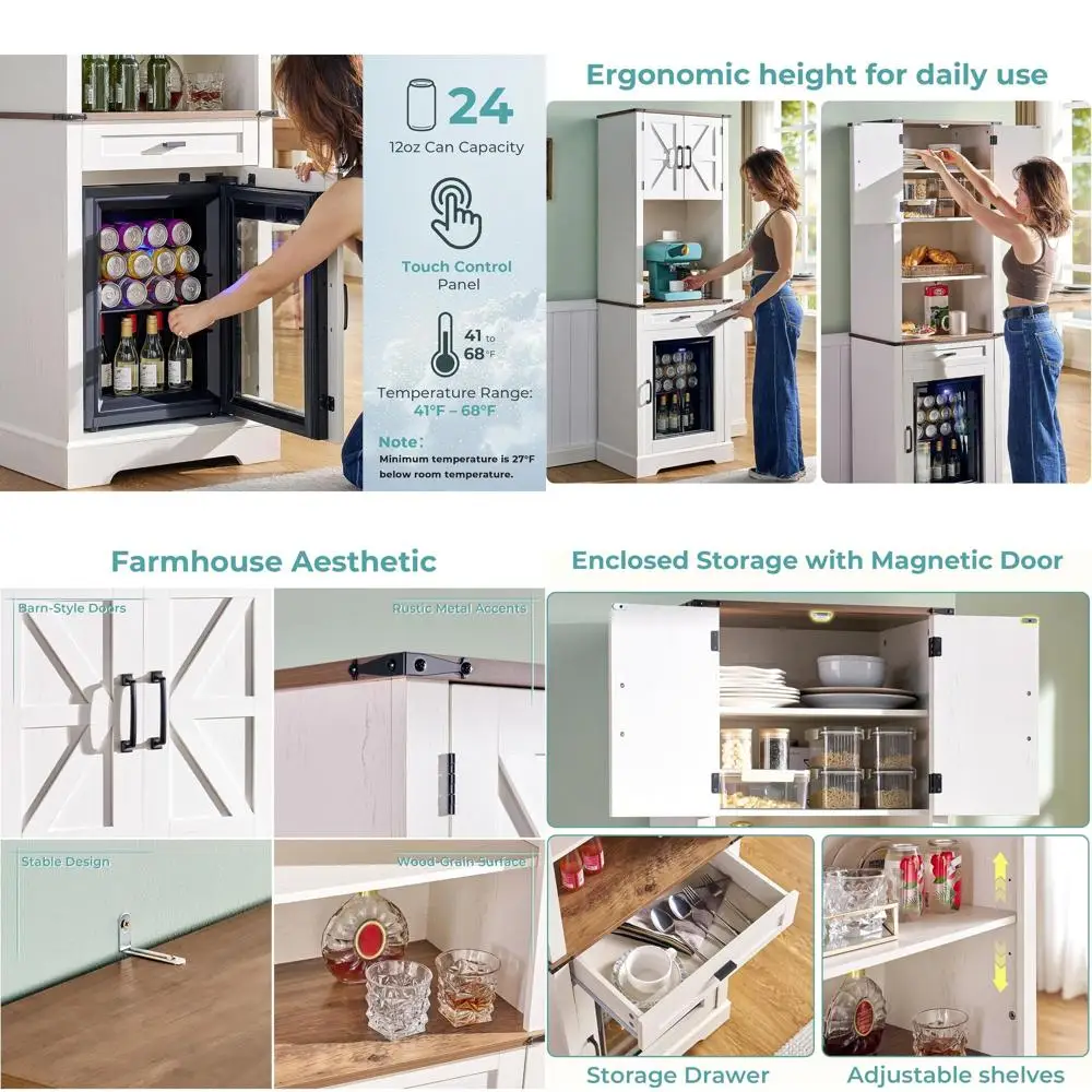 

Барный шкаф с холодильником (в комплекте), 69-дюймовый винный шкаф в стиле фермерского дома с выдвижными ящиками и регулируемыми полками, кофейный барный шкаф для...