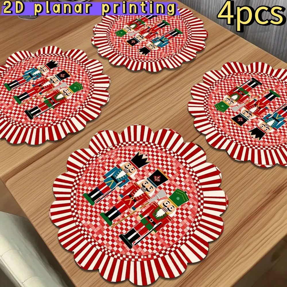 VIKAMA Round Placemats 4pcs Nutcracker Soldier Red White Checkered Scalloped Round Table Mats Merry Christmas Home Decor Holiday