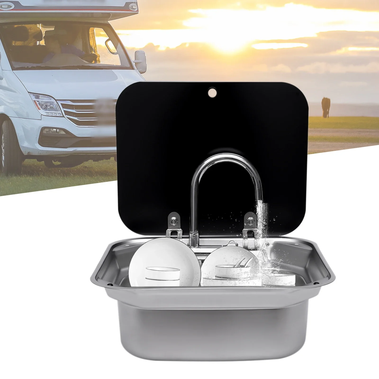 Camping Car Sink, Kitchen Sink Kit Pump and Canister RV Folding Square Stainless Steel Hand Wash Basin with Tap+Lid, for Caravan