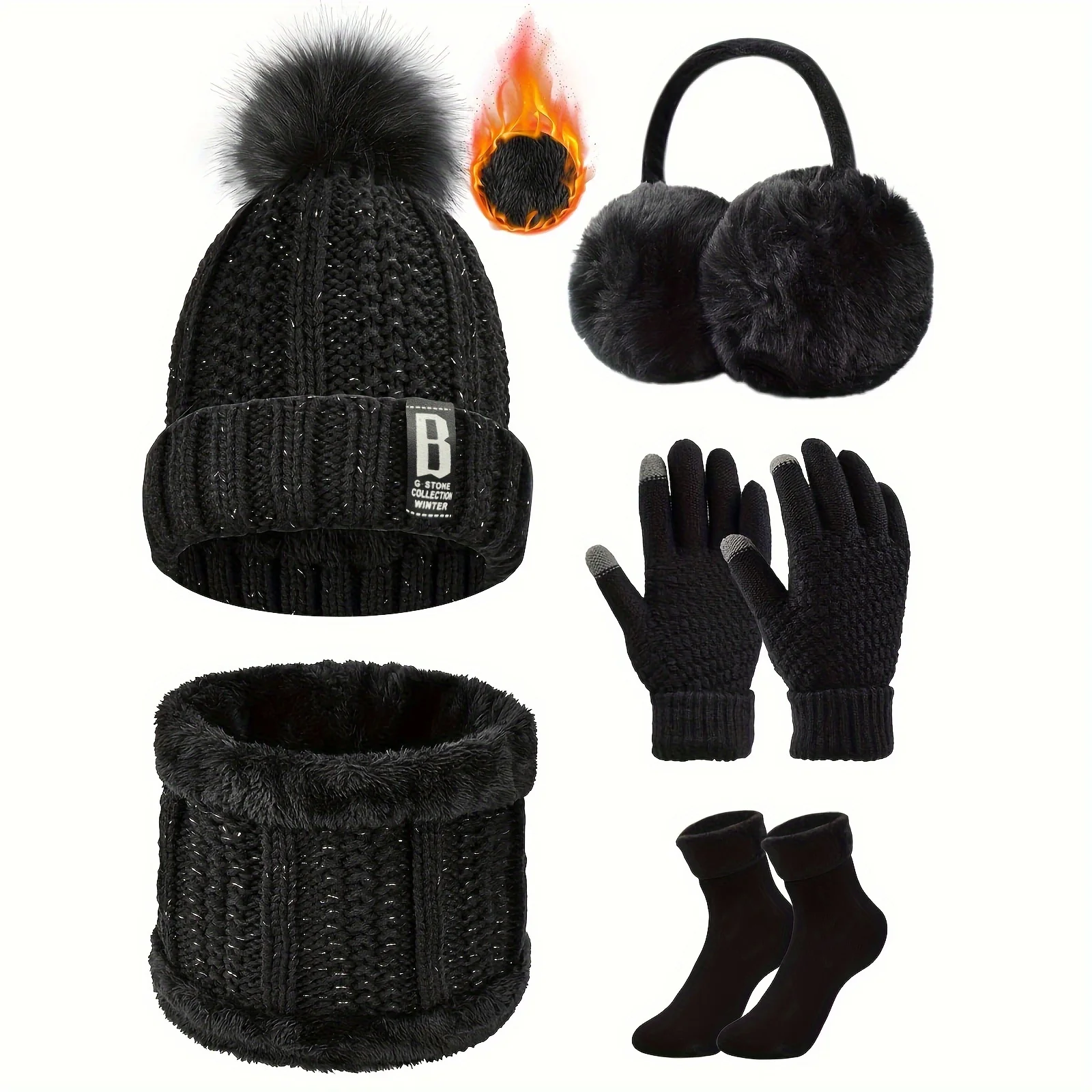 Winter Sports Five Piece Set Including Brimless Cap, Scarf, Gloves, Skiing, Cycling, Hiking, Outdoor Equipment Set