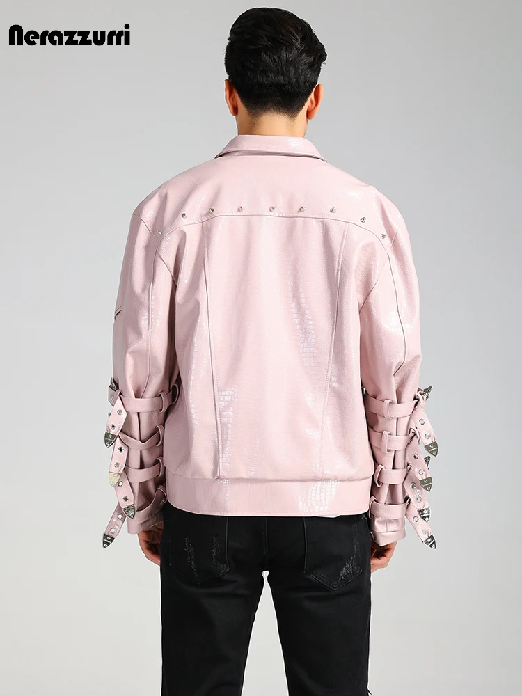 Nerazzurri Autumn Cool Oversized Pink Crocodile Print Patent Pu Leather Jacket Men with Many Blets on the Sleeve Runway Fashion