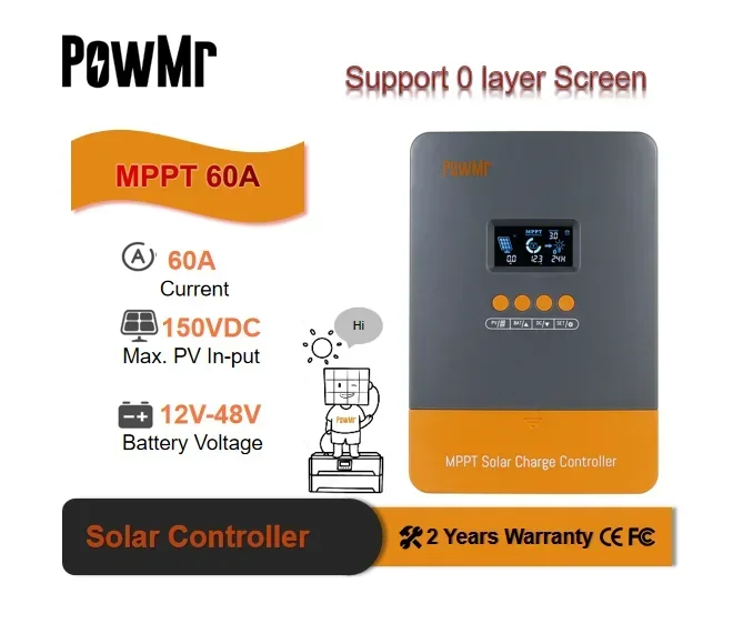 PowMr 60A MPPT Regulator 12V/24V/36V/48V Solar Panel Max PV Input 150V Solar Charge controller