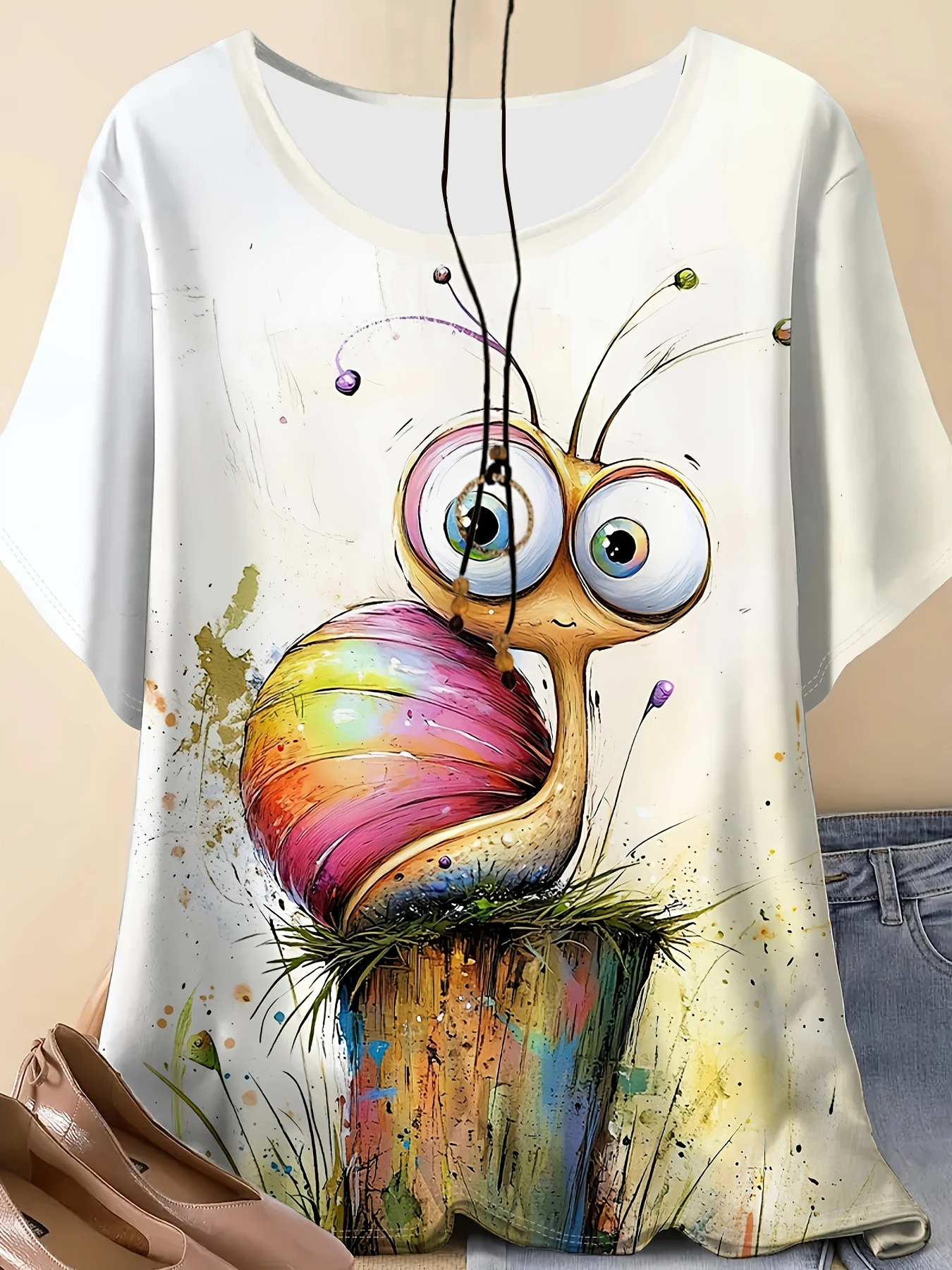  Women's Cute Snail Graphic T-Shirt - Soft Lightweight Summer Casual Short Sleeve Top Y2k Ladies Clothes Oversized T-shirt Tees