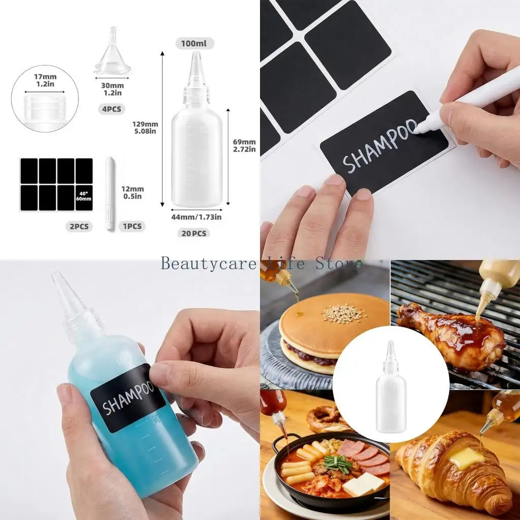 652C Refillable 100ml Squeeze Bottles  Squeeze Clear Container Marked and Labeled Squeeze Container for Paint Art Lotion