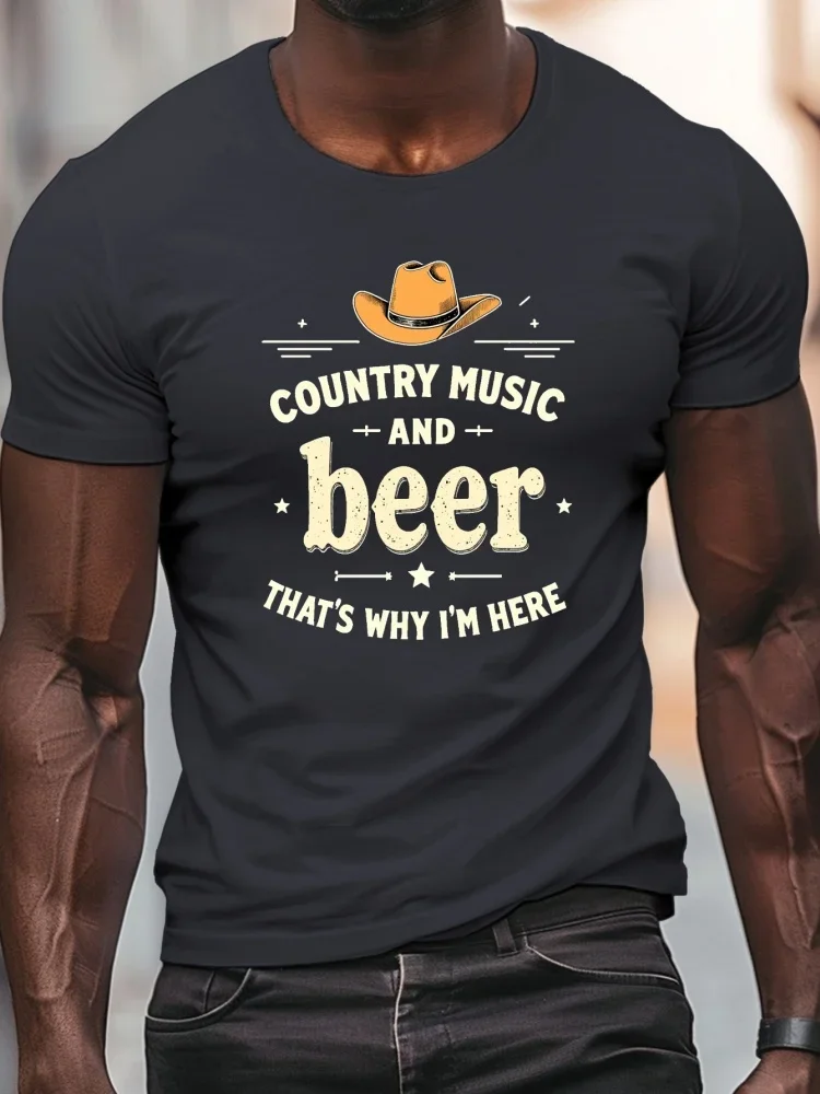 New Men Country Music And Beer Cowboy Hat Vintage Graphic T-Shirt Western Retro Casual Short Sleeve Tops Country Lover Daily Tee