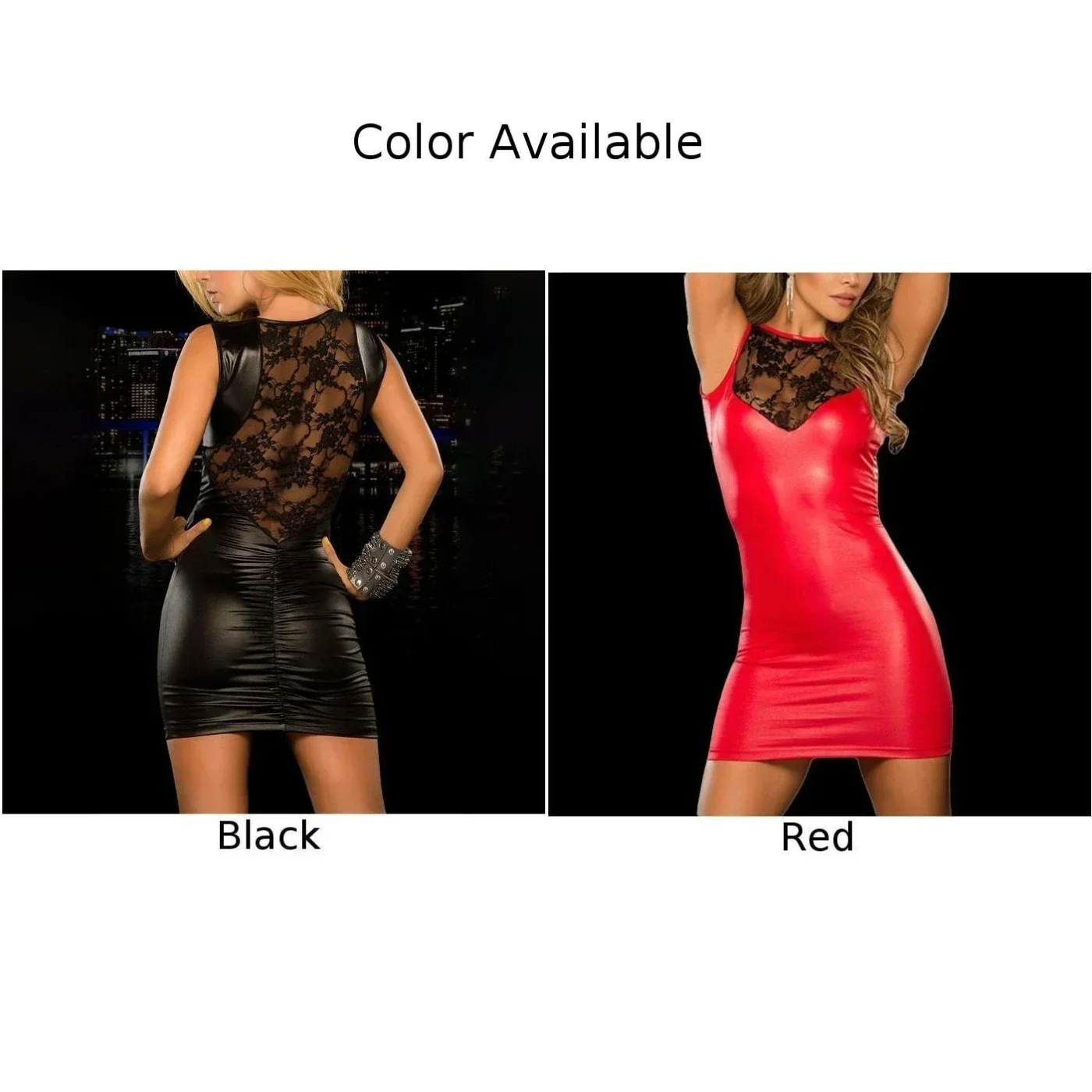 Sexy Womens Lace Slim Fitting Wet Look Short Dress Pu Leather Bodycon Night Party Club Wear Patchwork Nightclub Ladies Dress