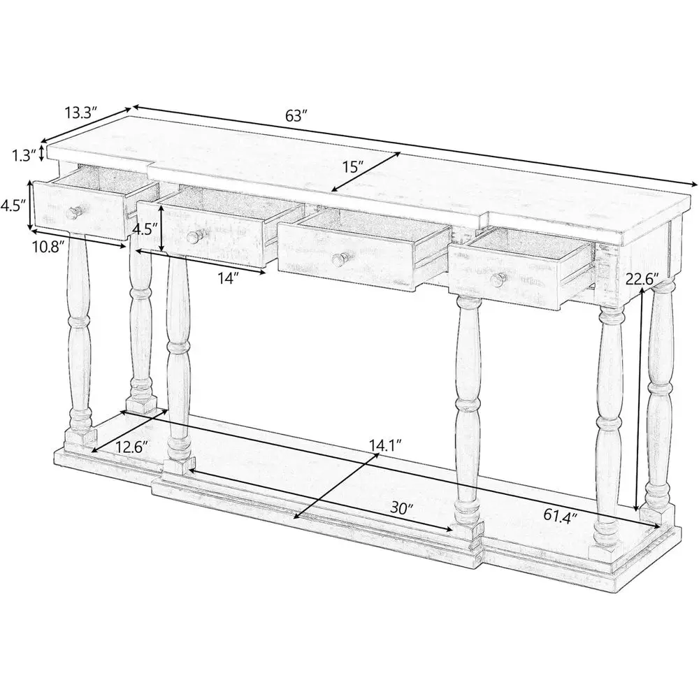 طاولة كونسول على الطراز العتيق مع 4 أدراج ورف، وخزانة بوفيه خشبية سوداء عتيقة للمدخل أو غرفة المعيشة أو غرفة النوم