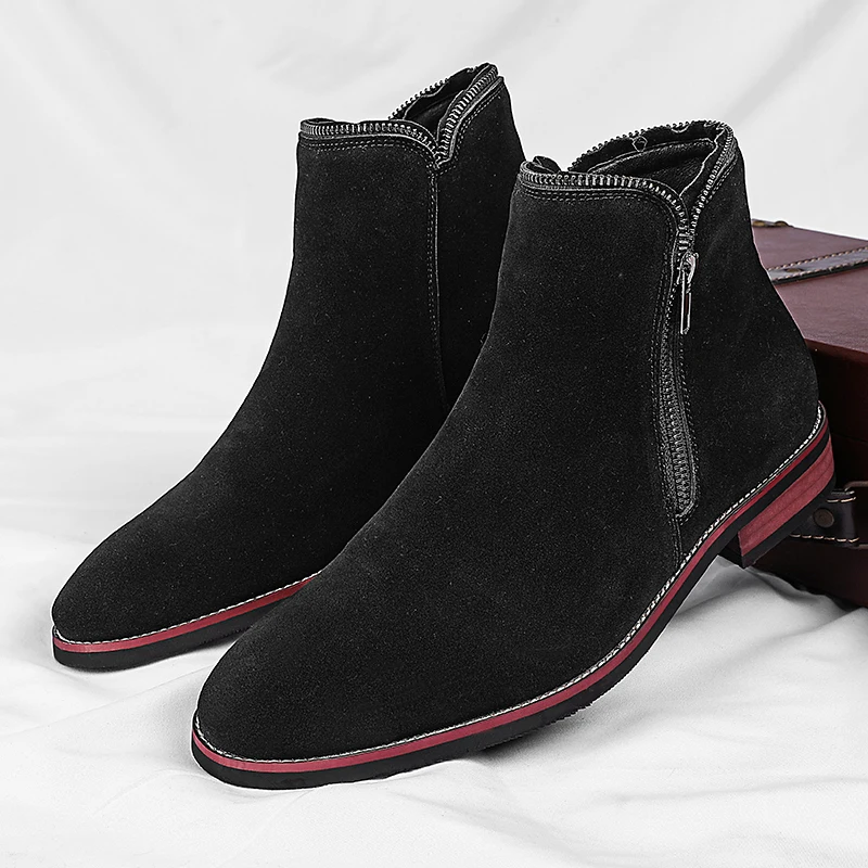 Brand New Chelsea Men's Boots Fashion Low Heel Side Zipper Denim Boots Casual  Round Head Business Formal High Top Leather Shoes - view 6