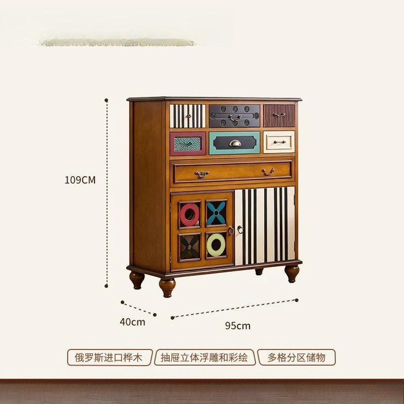 Retro contrasting color multi-bucket storage cabinet, creative splicing painted cabinet door entrance solid wood