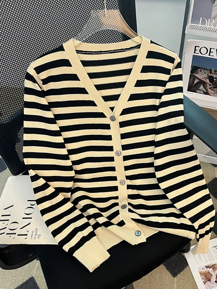 2022 Autumn New Korean Style Casual Knitted Cardigan Women Long-sleeve Knitting Jackets Striped Bottoming Tops All-match