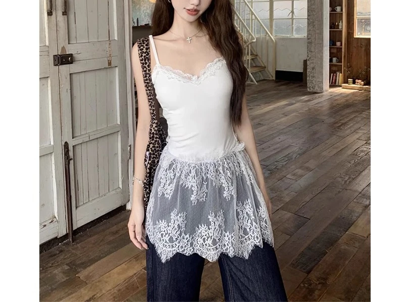 

White Lace Strap Tank Top Large Pure Desire Spicy Girl 2025 Stacked Bottom Top