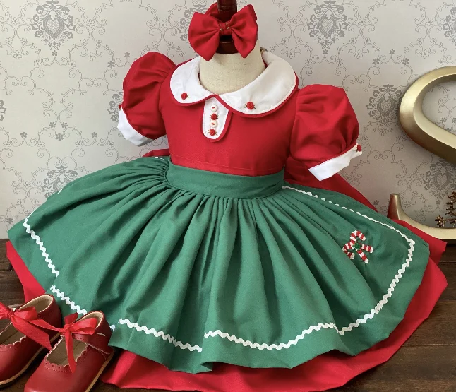 Baby Girl Summer Green Red Candy Handmade Embroidery Vintage Princess Ball Gown Dress for Birthday Holiday Casual Eid