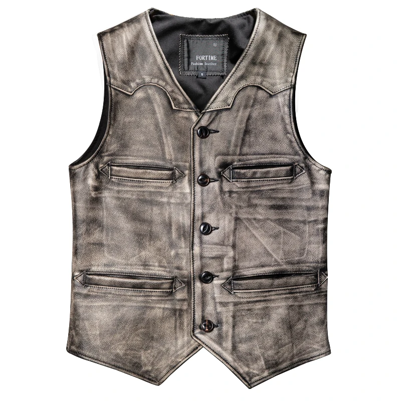 

Grey Four Seasons Leather Vest Men Vintage Style Plus Size 5XL Genuine Natural Cowhide Single Breasted Slim Fit Leather Vest