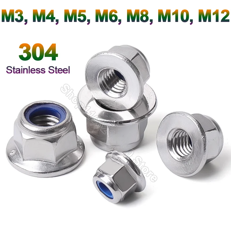 

2/5/10pcs M3 M4 M5 M6 M8 M10 M12 304 A2-70 Stainless Steel Flange Nylon Insert Lock Nut Self-locking Nylock Locknut DIN6926