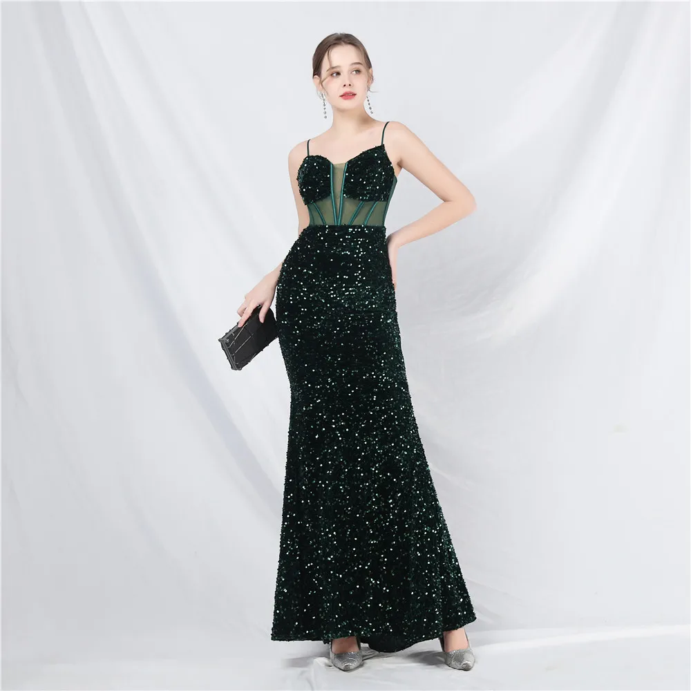 DEERVEADO Mermaid Strap V Neck Sequins Evening Dress for Woman Elegant Formal Party Maxi Dress for Speical Events Evening Gown