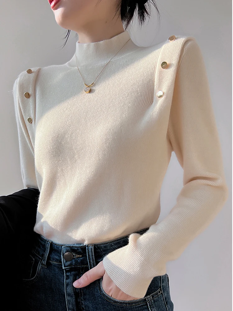 Korean Button Long Sleeve Turtleneck Women Sweater Soft Warm Slim Pullovers Female Sweaters Autumn Winter Knitwear Solid Tops