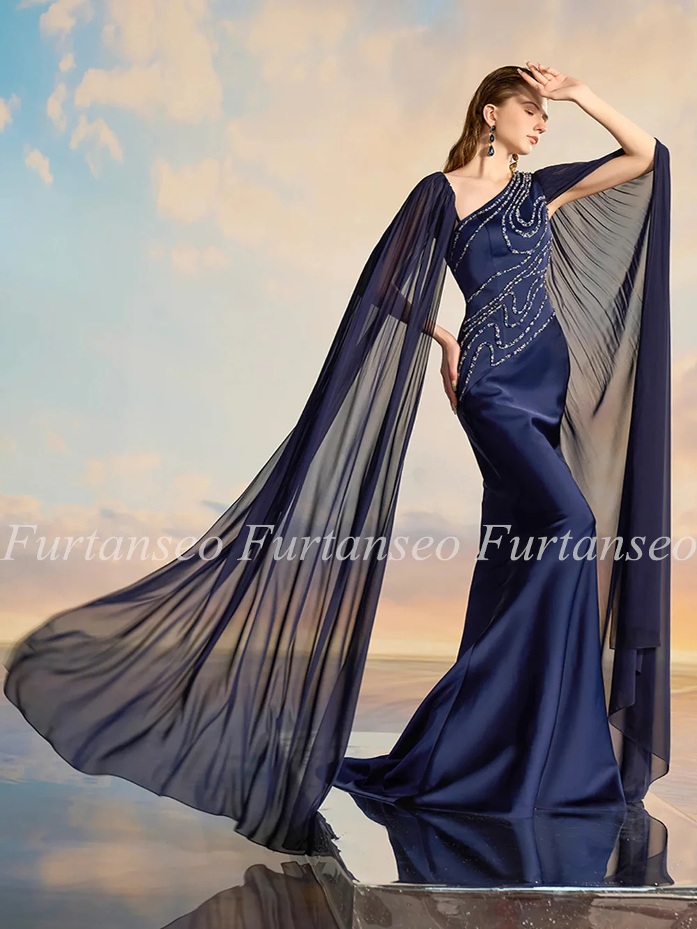 Navy Blue Mermaid Prom Dress with Sleeve Wings Crystal Stones Sweep Train Chiffon Satin Evening Gown Saudi Arab Party Dresses