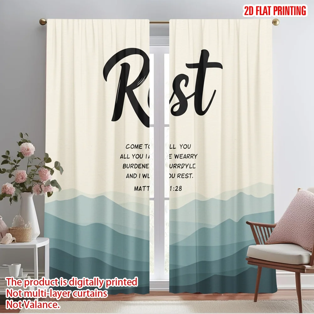 

2pcs 2D flat printing Party Window Curtains Rest Scripture Mountain Landscape Polyester Without Electricity Festive Wall Decor