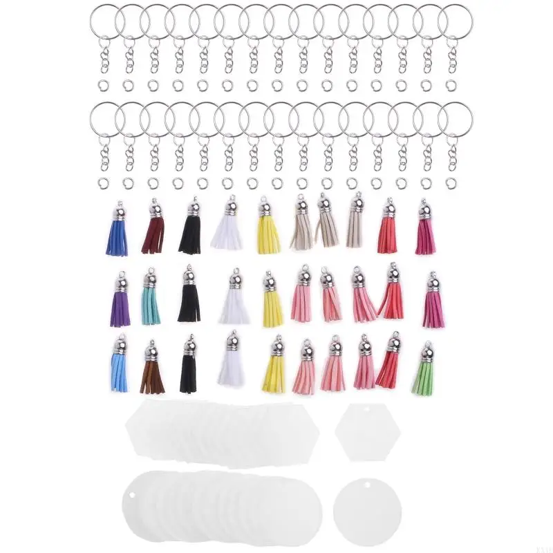 KX4B 30pcs Acrylic Keychain Blanks with Tassels Clear Circle Disc Jump for Key Ri