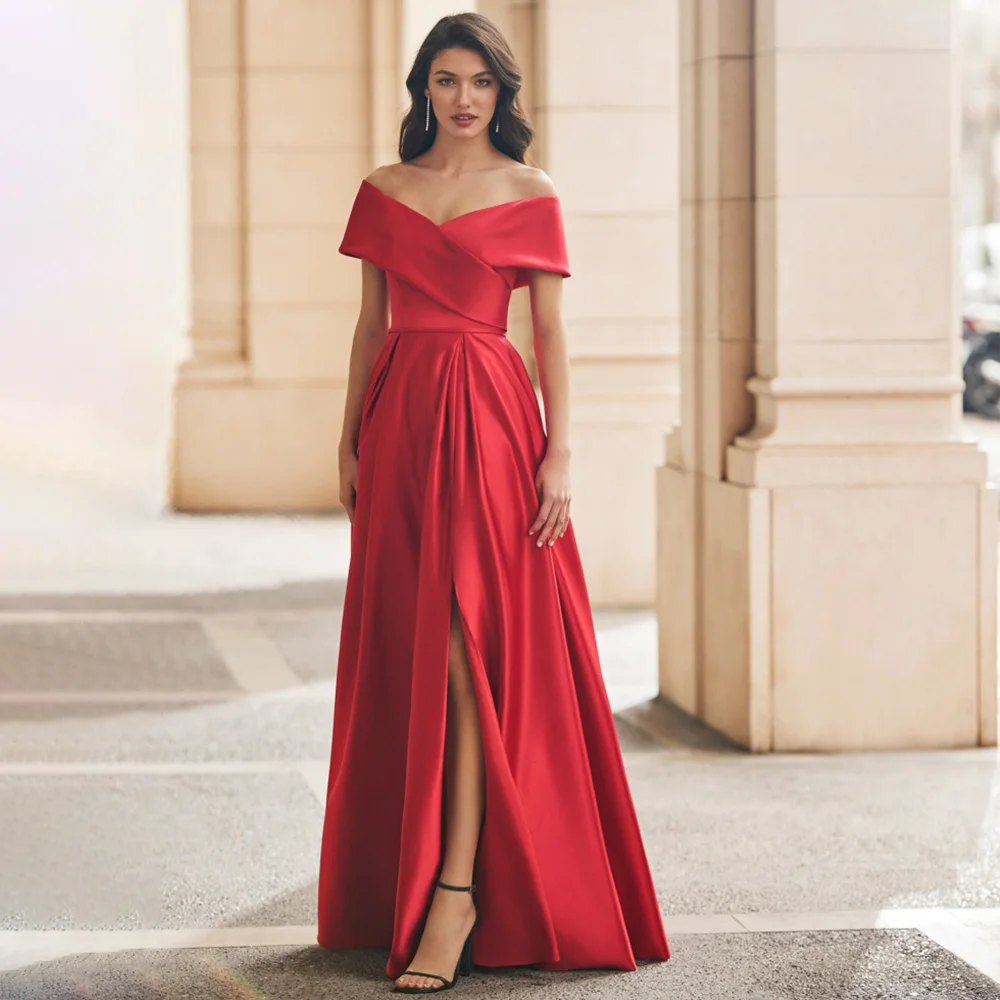 

Red Satin Wedding Party Dress Off the Shoulder A Line Side Slit Formal Evening Gowns Long V Neck Sleeveless Women's Evening Gown