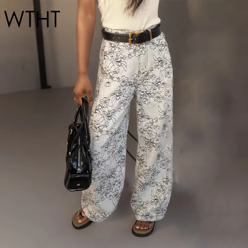 

WTHT Fashion 2025 Summer Women's Print Loose Straight Denim Pants Vintage Trendy High-waisted Wide Leg Jeans Female 1LS1670