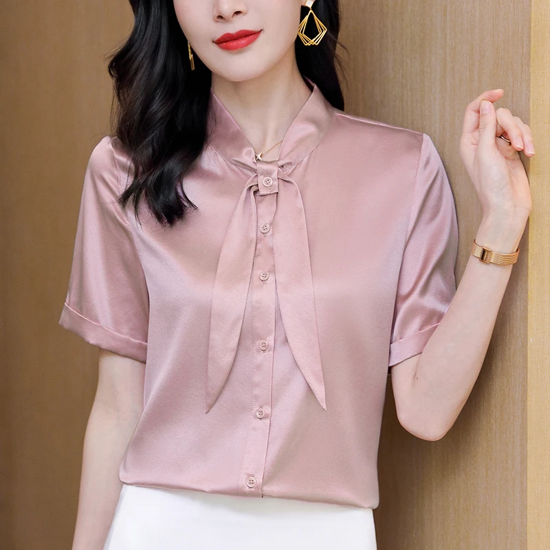 

Satin Blouse Women's 19 Momme Real Silk Shirt 2024 Summer Elegant Bow Tops Short Sleeve Office Lady Shirts And Blouses Solid