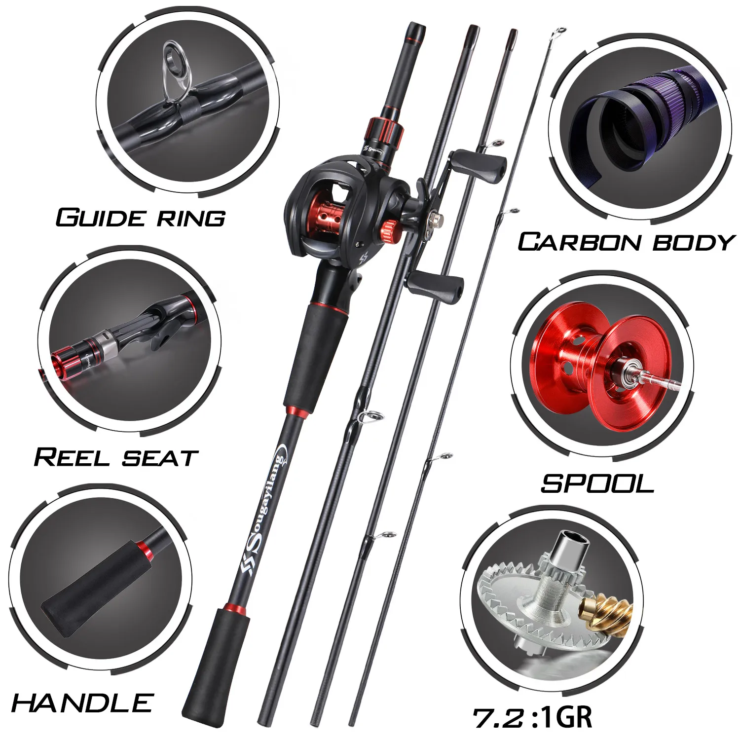 Sougayilang Fishing Combo 1.8-2.1m Carbon Fiber Rod  7.2:1 High Speed Reel with Diverse Lures for freshwater Saltwater Fishing
