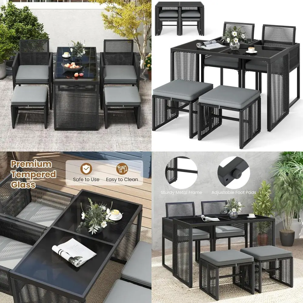 Juego de comedor de mimbre para patio al aire libre de 5 piezas con cojines, mesa de cristal, otomanos para patio trasero y piscina