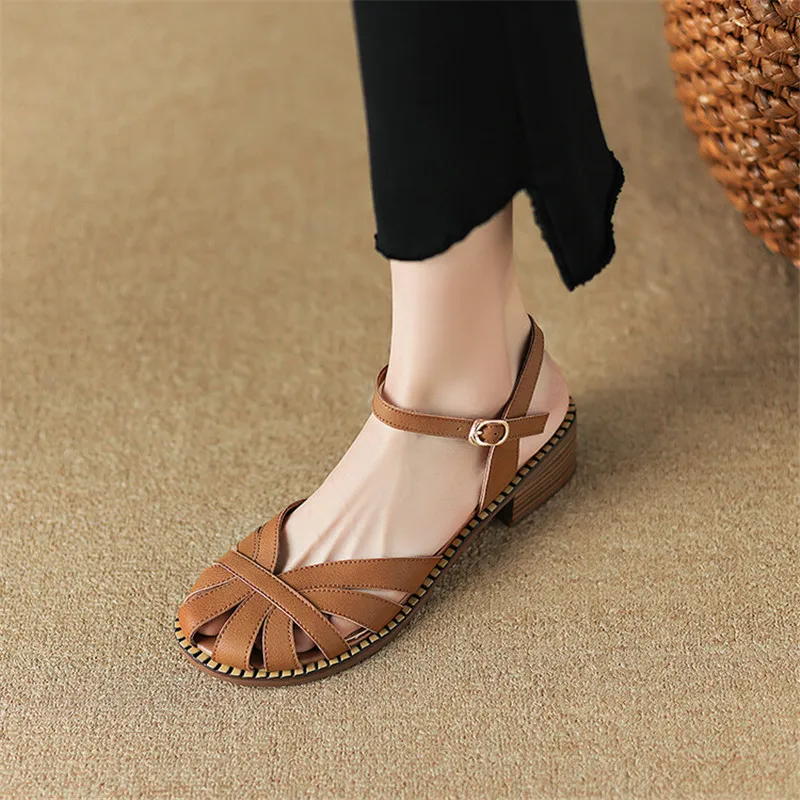 French Vintage Summer Sandals Women Shoe Round Toe Chunky Heel Sandals Shoes for Women Handmade Hollow Out Sandals Zapatos Mujer