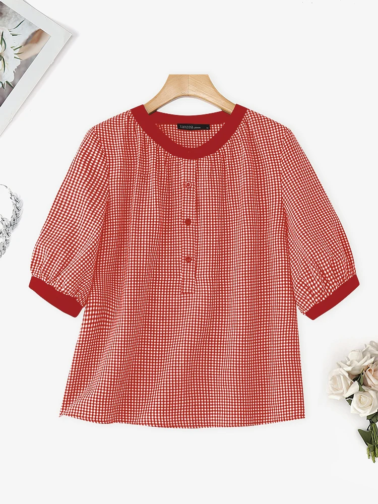 

O-Neck Plaid Blusas 2025 ZANZEA Women Blouse Fashion Three Quarter Sleeve Buttons Tops Elegant OL Tunic Casual Loose Pullovers